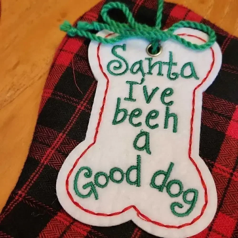 Dog Christmas stocking,stocking hanger and dog dish Santa I've been A Good Dog